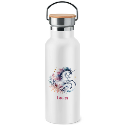 Edelstahl Trinkflasche mit Bambusdeckel Einhorn personalisiert mit Wunschname