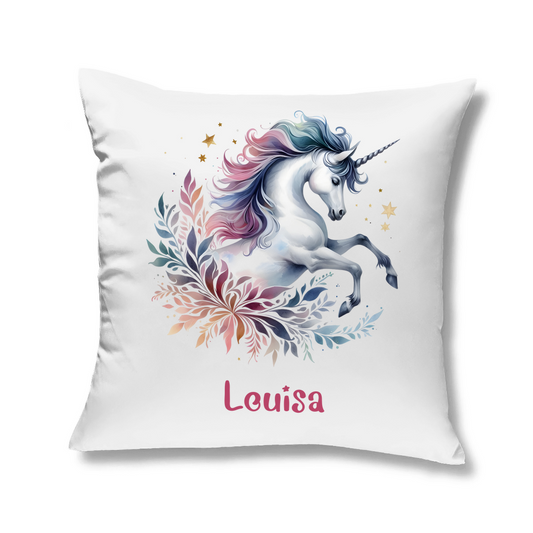Kopfkissen  Einhorn personalisiert mit Wunschname 40x40 cm mit Füllung weiss