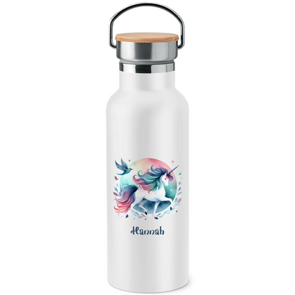 Edelstahl Trinkflasche mit Bambusdeckel Einhorn personalisiert mit Wunschname