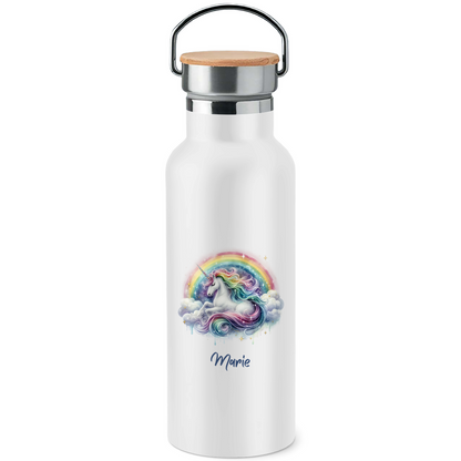 Edelstahl Trinkflasche mit Bambusdeckel Einhorn personalisiert mit Wunschname