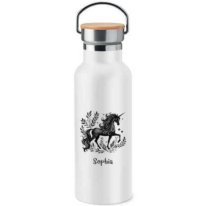 Edelstahl Trinkflasche mit Bambusdeckel Einhorn personalisiert mit Wunschname