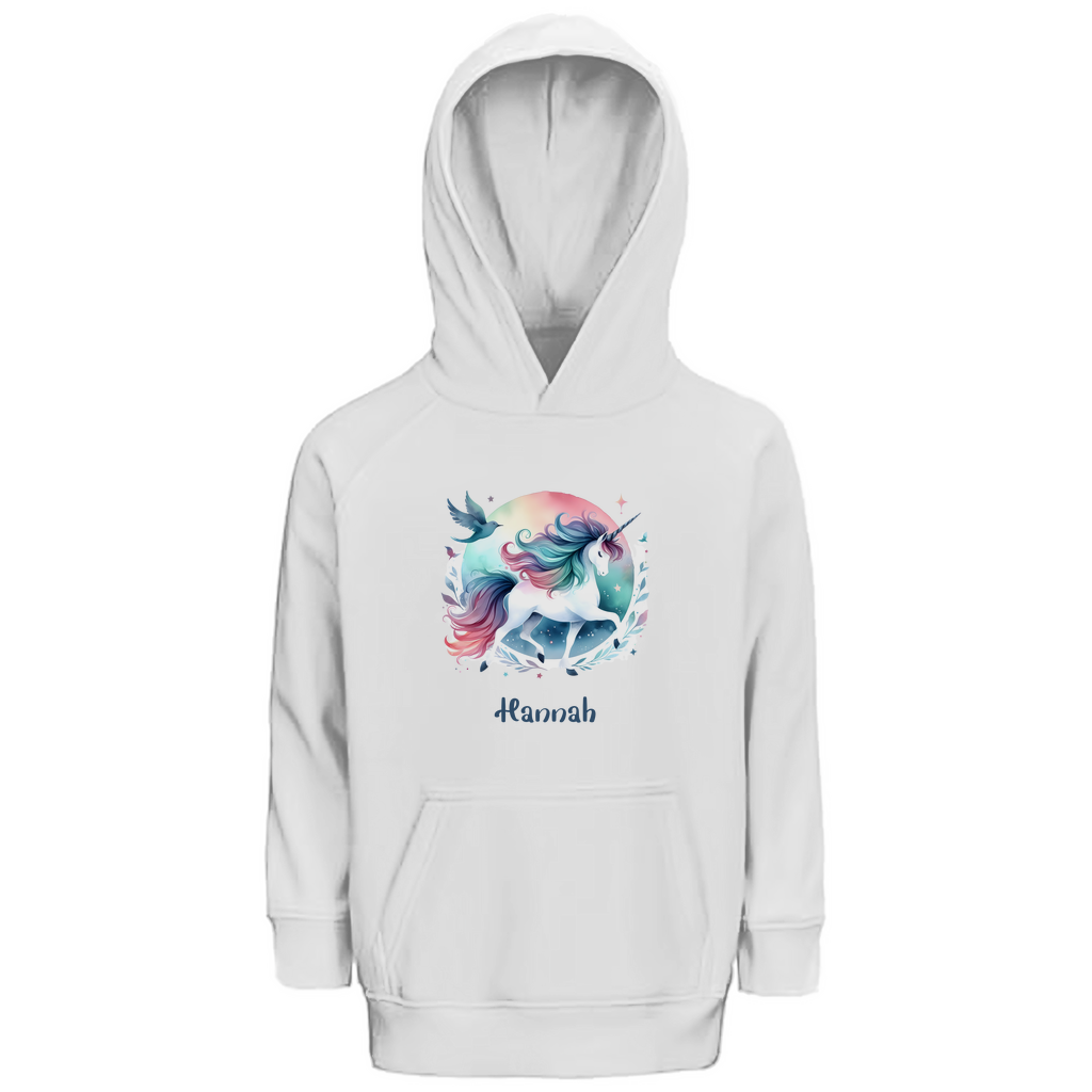Kinder Premium Bio Hoodie Einhorn personalisiert mit Wunschname Geschenk