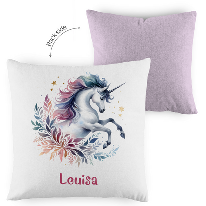 Kopfkissen Einhorn personalisiert mit Wunschname 40x40 cm mit Füllung zweifarbig