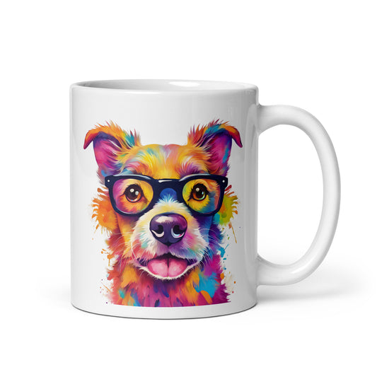 Hund mit Brille im Farbexplosion Stil auf weißer Tasse (320 ml)