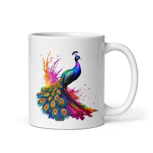Pfau im Farbexplosion Stil auf weißer Tasse (320 ml)