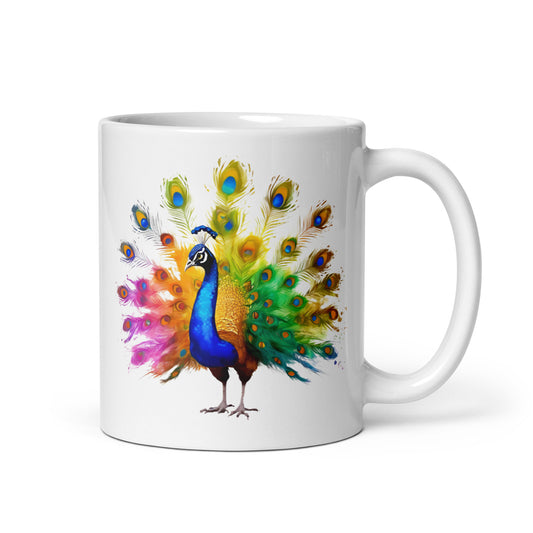 Pfau im Farbexplosion Stil auf weißer Tasse (320 ml)